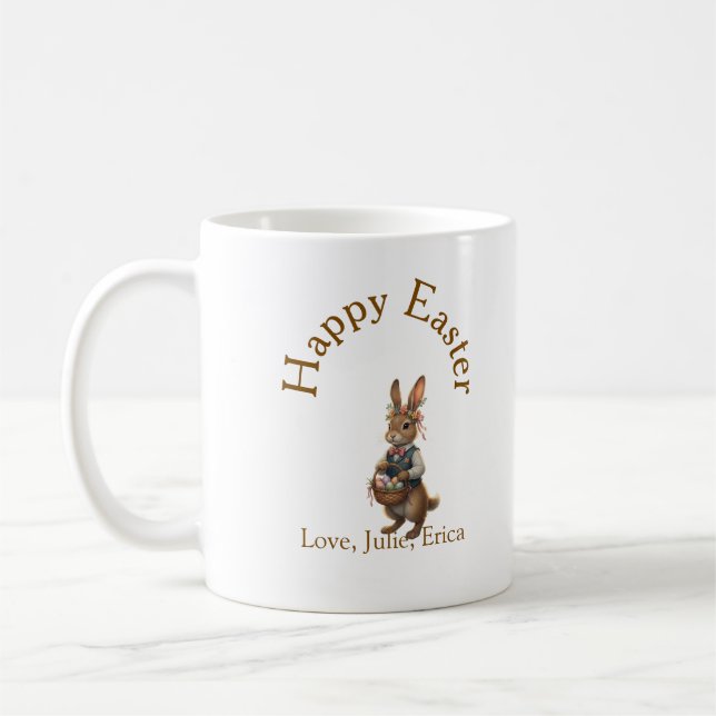 Happy Easter brown bunny with eggs love add name  Coffee Mug (Left)