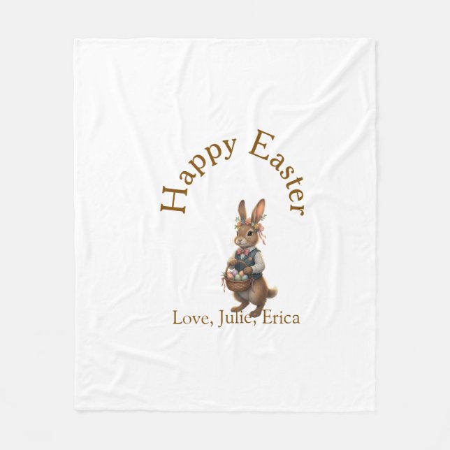 Happy Easter brown bunny with eggs love add name  Fleece Blanket (Front)