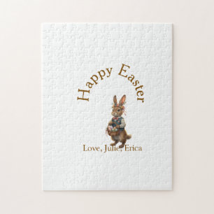Happy Easter brown bunny with eggs love add name Jigsaw Puzzle