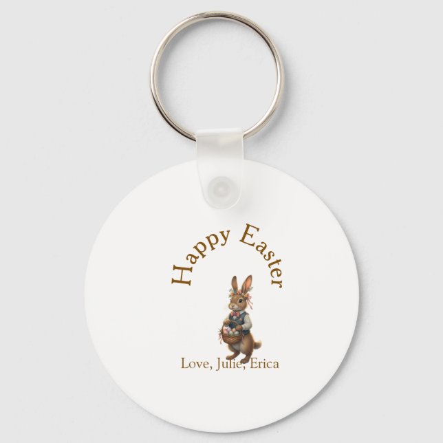 Happy Easter brown bunny with eggs love add name  Keychain (Front)