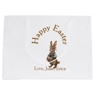 Happy Easter brown bunny with eggs love add name Large Gift Bag