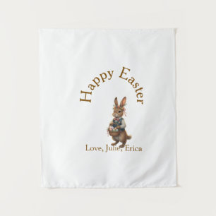 Happy Easter brown bunny with eggs love add name Tapestry