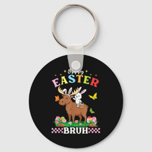 Happy Easter Bruh Cute Moose Bunny Ears Basket Egg Keychain