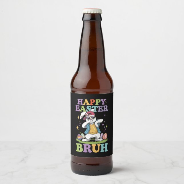 Happy Easter Bruh Funny Dabbing Bunny Rabbit Bro Beer Bottle Label (Front)
