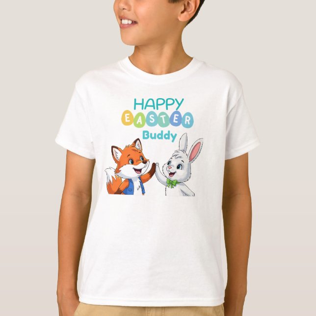 Happy Easter Buddy Cute Bunny and Fox Kids T-Shirt (Front)