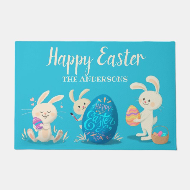 Happy Easter Bunnies and Easter Eggs Personalized Doormat (Front)