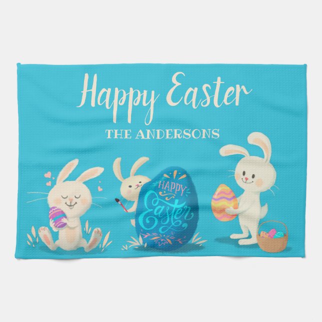 Happy Easter Bunnies and Easter Eggs Personalized Kitchen Towel (Horizontal)