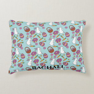 Happy Easter Bunnies Floral Pattern Egg SpringBlue Accent Pillow