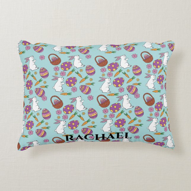 Happy Easter Bunnies Floral Pattern Egg SpringBlue Accent Pillow (Front)