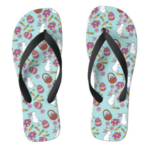 Happy Easter Bunnies Floral Pattern Egg SpringBlue Flip Flops