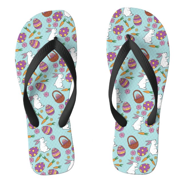 Happy Easter Bunnies Floral Pattern Egg SpringBlue Flip Flops (Footbed)