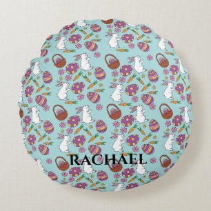 Happy Easter Bunnies Floral Pattern Egg SpringBlue Round Pillow