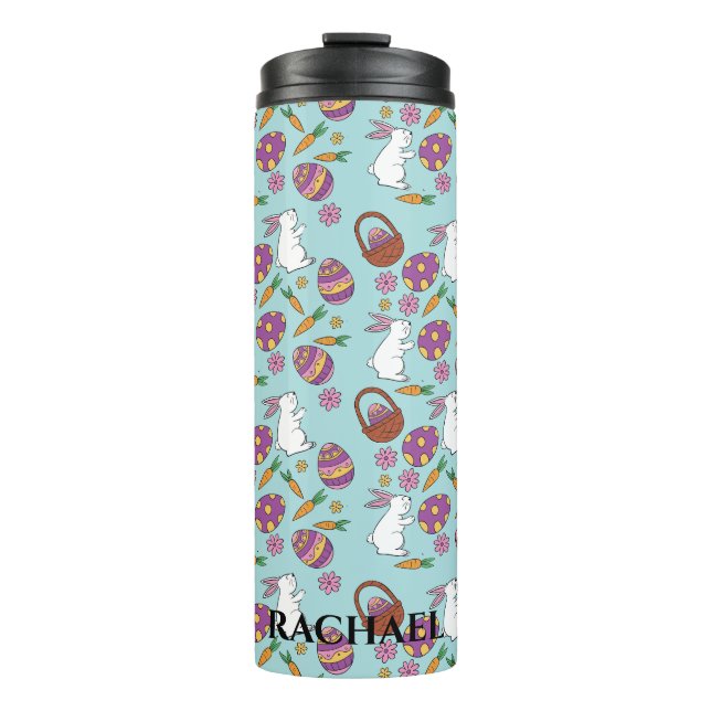 Happy Easter Bunnies Floral Pattern Egg SpringBlue Thermal Tumbler (Front)