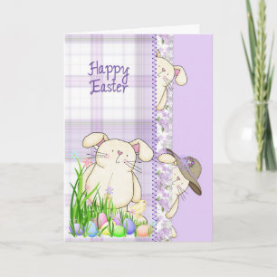 Happy Easter Bunnies on Plaid Holiday Card