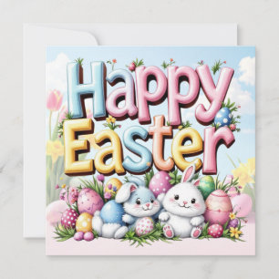 Happy Easter Bunnies with Eggs Holiday Card
