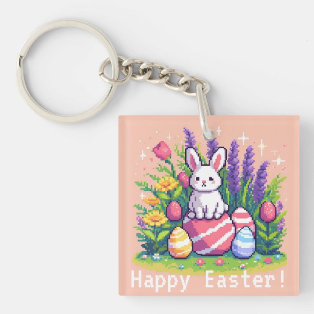 Happy Easter bunny 8 bit pixel art Keychain (Front)