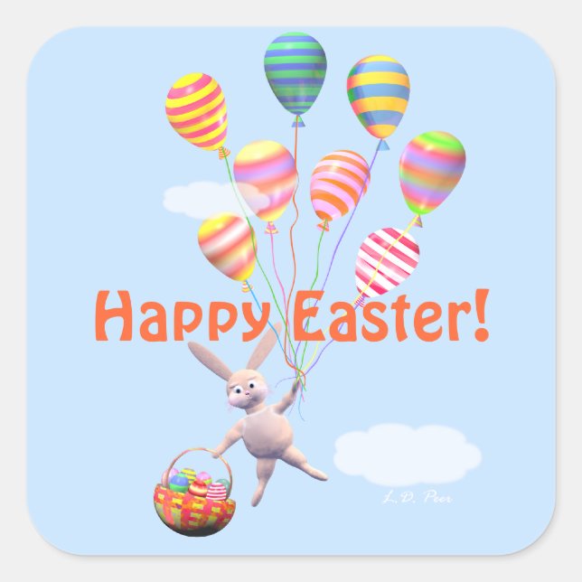Happy Easter Bunny and Balloons Square Sticker (Front)