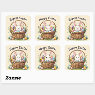Happy Easter Bunny and Basket Art Square Sticker