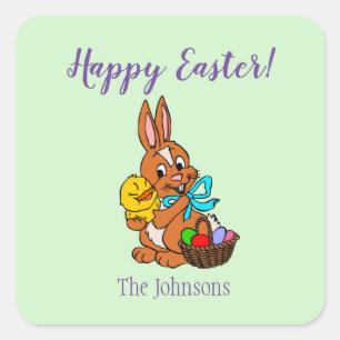 Happy Easter Bunny and Chick Square Sticker