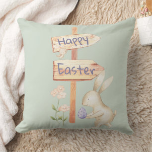 Happy Easter Bunny and Egg on Green Throw Pillow