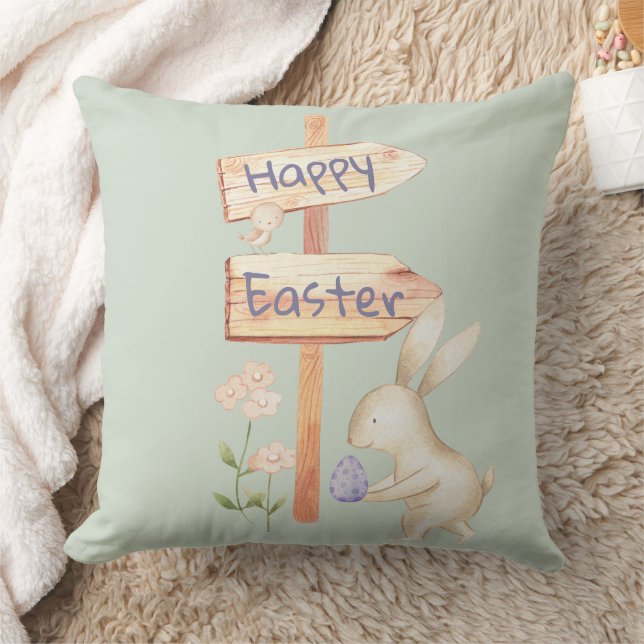Happy Easter Bunny and Egg on Green Throw Pillow (Blanket)