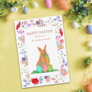 Happy Easter Bunny and Eggs Floral Holiday Card