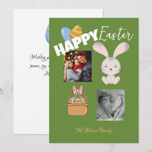 Happy Easter Bunny and Eggs Green Family Photo Holiday Card