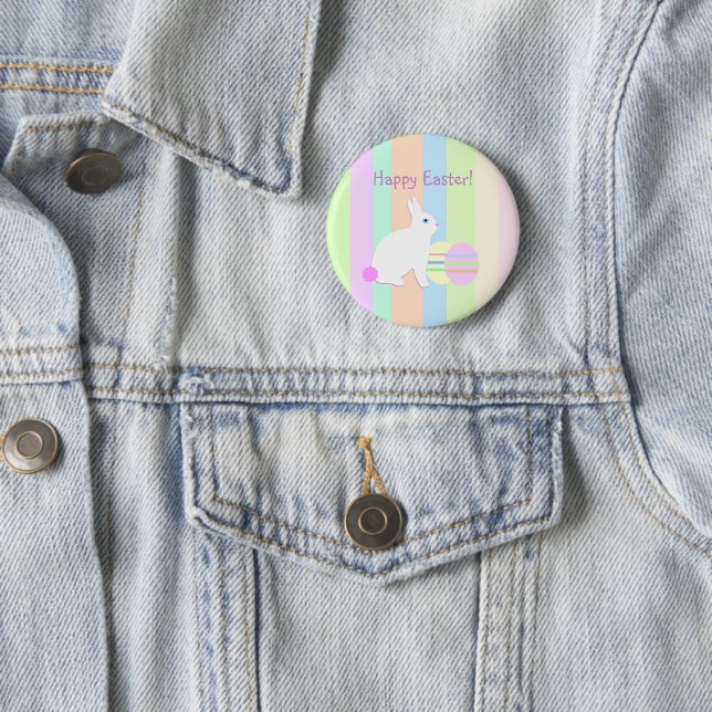 Happy Easter Bunny and Eggs on Stripes 2 Inch Round Button (In Situ)