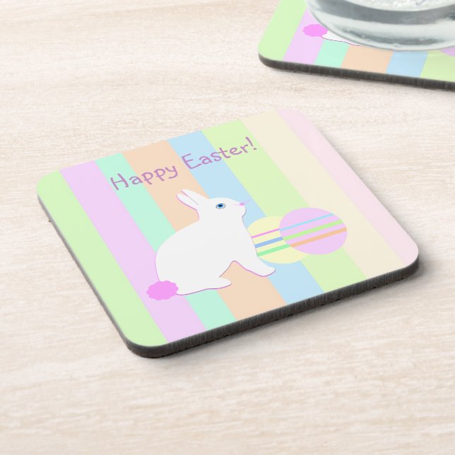 Happy Easter Bunny and Eggs on Stripes Coaster (Left Side)