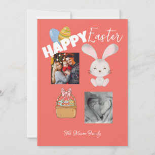 Happy Easter Bunny and Eggs Red Family Photo Holiday Card