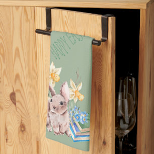 Happy Easter Bunny and Stack of Books Kitchen Towel