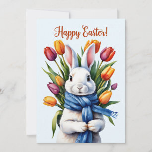 Happy Easter Bunny and Tulip Flowers  Holiday Card