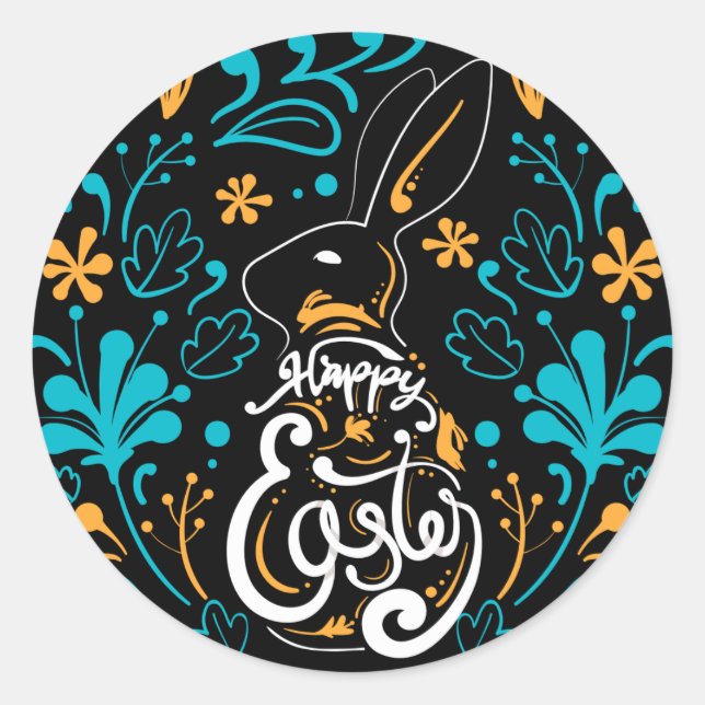 Happy Easter Bunny, Artsy Abstract Floral, Black Classic Round Sticker (Front)
