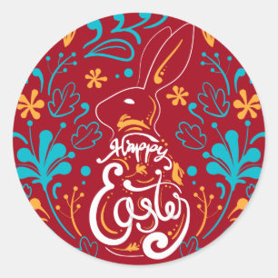 Happy Easter Bunny, Artsy Abstract Floral, Red Classic Round Sticker