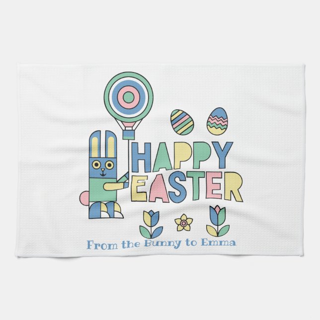 Happy Easter Bunny Balloon – Cute Personalized Kitchen Towel (Horizontal)