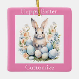 Happy Easter Bunny Basket Thunder_Cove Ceramic Ornament