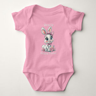Happy Easter Bunny Big Eyes Pink Roses & Ribbon Baby Bodysuit