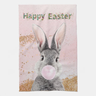 Happy Easter Bunny blowing Pink Bubble gum Kitchen Towel