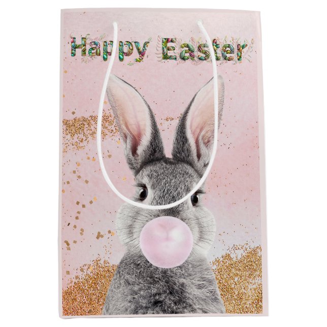 Happy Easter Bunny blowing Pink Bubble gum Medium Gift Bag (Front)