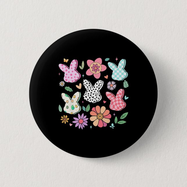 Happy Easter Bunny Boho Floral Plaid Bunny Rabbit  2 Inch Round Button (Front)