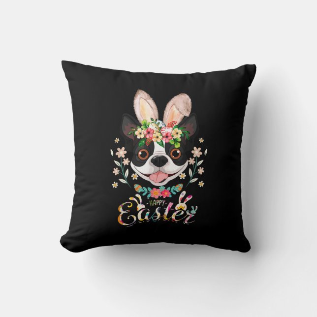 Happy Easter Bunny Boston Terrier Lovers With East Throw Pillow (Front)