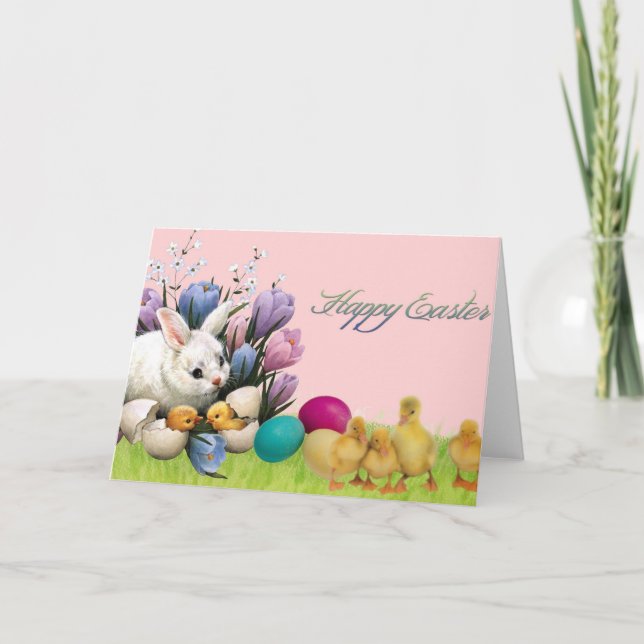 Happy Easter! Bunny, Chick and Eggs Greeting Card (Front)