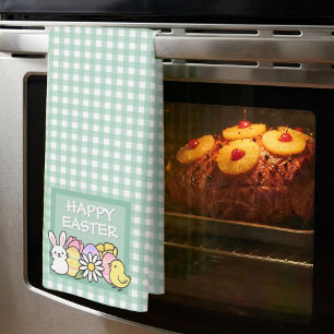Happy Easter Bunny, Chick, Eggs Green Gingham  Kitchen Towel