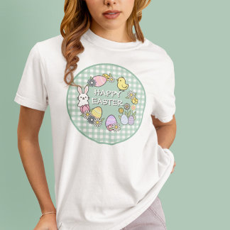 Happy Easter Bunny Chick Eggs Green Gingham T-Shirt