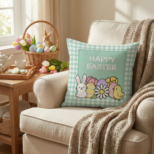 Happy Easter Bunny Chick Eggs Green Gingham Throw Pillow