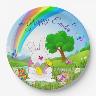 Happy Easter Bunny Coloured Eggs Cute Paper Plate