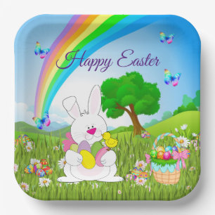 Happy Easter Bunny Coloured Eggs Cute Paper Plate