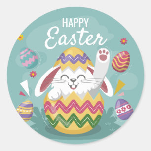 Happy Easter Bunny & Colourful Eggs Classic Round Sticker