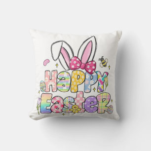 Happy Easter Bunny Colourful Spring Floral Throw Pillow