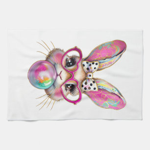 Happy Easter Bunny Coquette Bow Brushstroke Easter Kitchen Towel